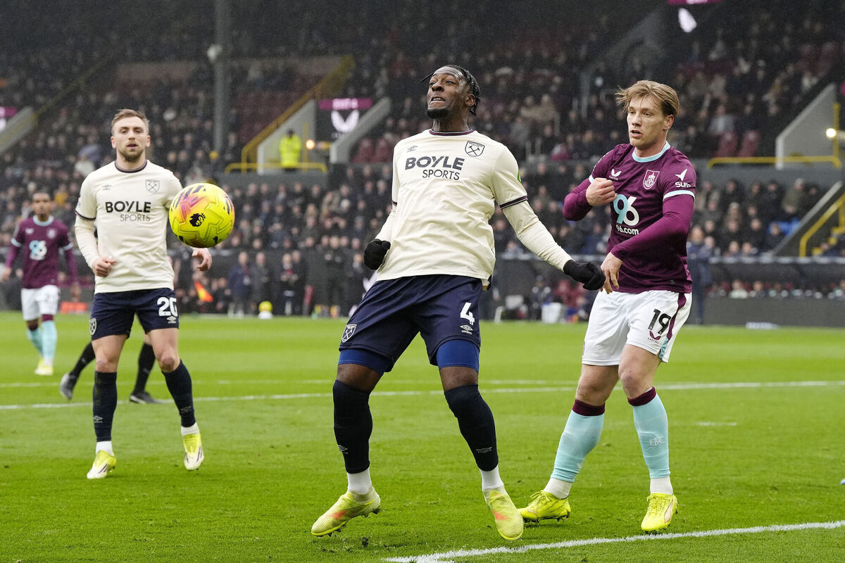West Ham United's Axel Disasi and Burnley's Zian Flemming battle for the ball. Pic: Nick Potts/PA Wire.