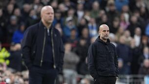 <p>PEP IN THEIR STEP: Manchester City manager Pep Guardiola during the Premier League match at Anfield. Pic: Peter Byrne/PA Wire.</p>