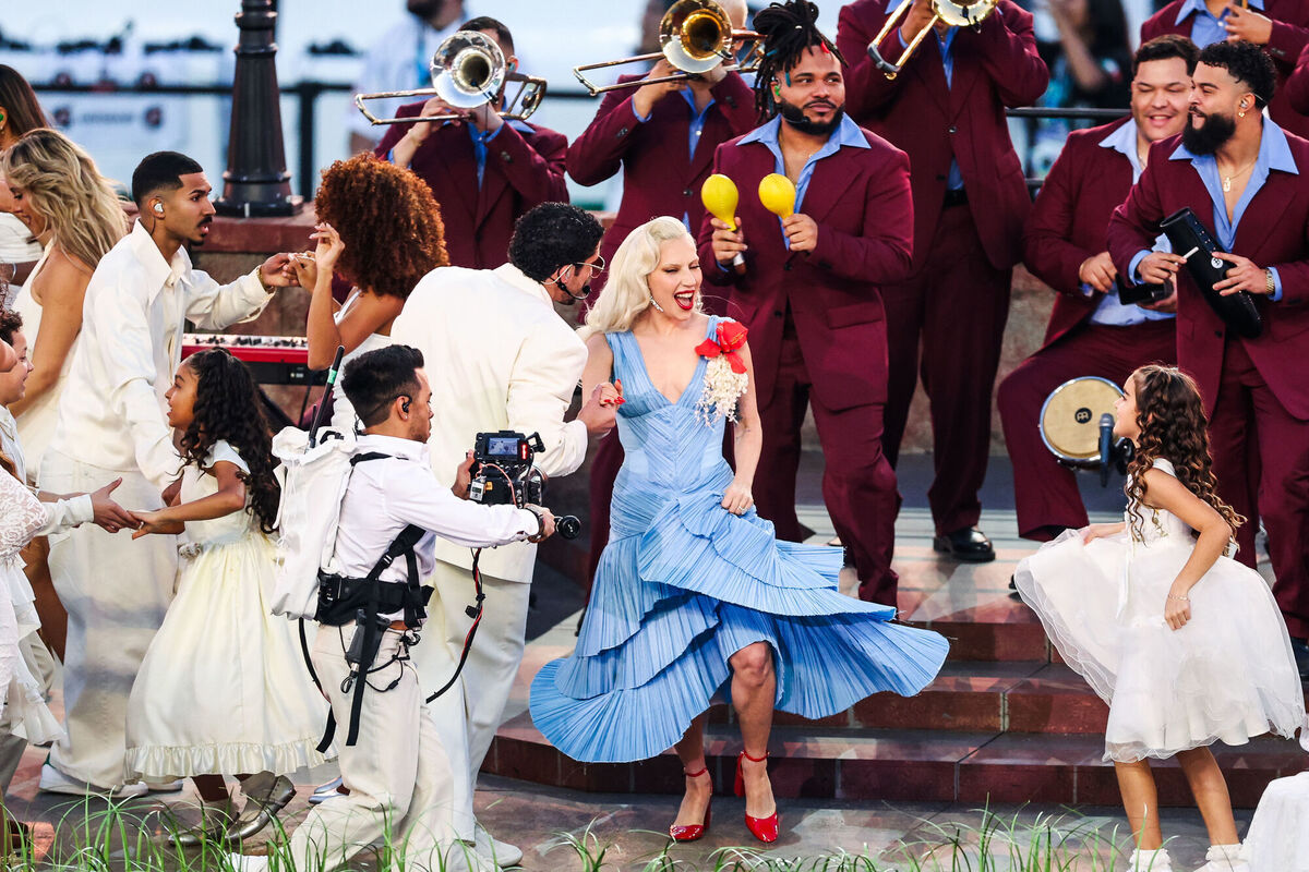 Lady Gaga and Bad Bunny perform during halftime of the NFL Super Bowl. Picture: Kindell Buchanan/PA Wire