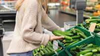 Woman pick fresh long cucumbers in shopping trolley at grocery market
