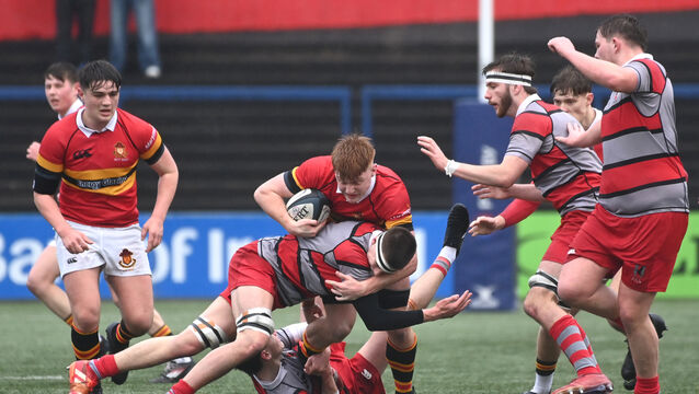 <p> Two tries from Sam Healy helped CBC overturn a late nine-point deficit against Glenstal Abbey. Pic: Larry Cummins</p>