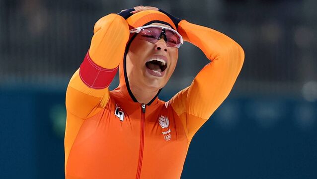 <p>Jutta Leerdam celebrates after winning 1000m speed skating gold at the Milan Cortina Winter Olympics. Pic: Joosep Martinson/Getty Images</p>