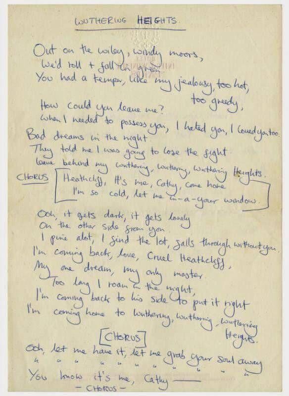 Handwritten lyrics from Kate Bush' song "Wuthering Heights"