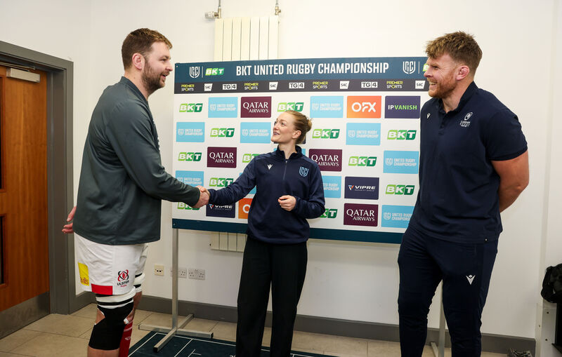 Ulster's Iain Henderson, Referee Hollie Davidson and Cardiff's Josh McNally during a coin toss. PicL ©INPHO/Nick Elliott.