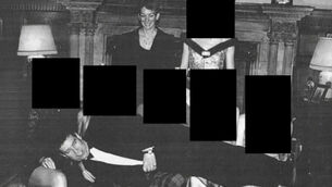 <p>Andrew Mountbatten-Windsor reclining across the laps of five people while Ghislaine Maxwell stands above. File picture</p>