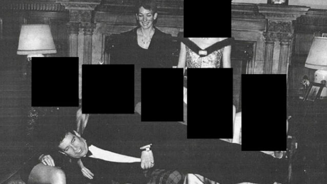 <p>Andrew Mountbatten-Windsor reclining across the laps of five people while Ghislaine Maxwell stands above. File picture</p>