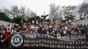 <p>Survivors and family members in the Garden of Remembrance in Dublin in April 2024 after a verdict of unlawful killing was returned by the jury in the Stardust fire inquests. File picture: Brian Lawless/PA Wire</p>