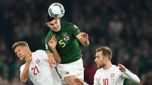 <p>John Egan of the Republic of Ireland in action against Andreas Cornelius, left, and Christian Eriksen of Denmark during the UEFA EURO 2020 Qualifier. Pic: Seb Daly/Sportsfile</p>