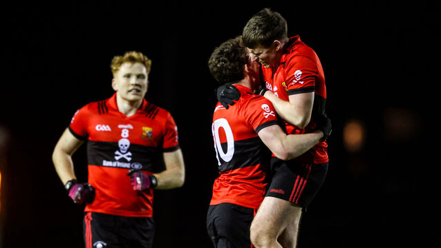 <p>UCC’s Ruairi Murphy and Chris Kenneally and Michael McSweeney celebrate after winning. Pic: Nick Elliott/Inpho</p>