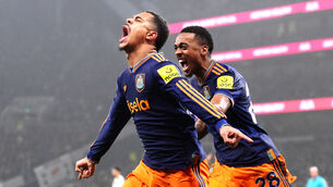 <p>Newcastle United's Jacob Ramsey (left) celebrates scoring his side's second goal.</p>