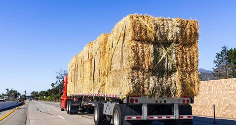 Truck transporting bales of hay on a freeway in Ventura County, South California