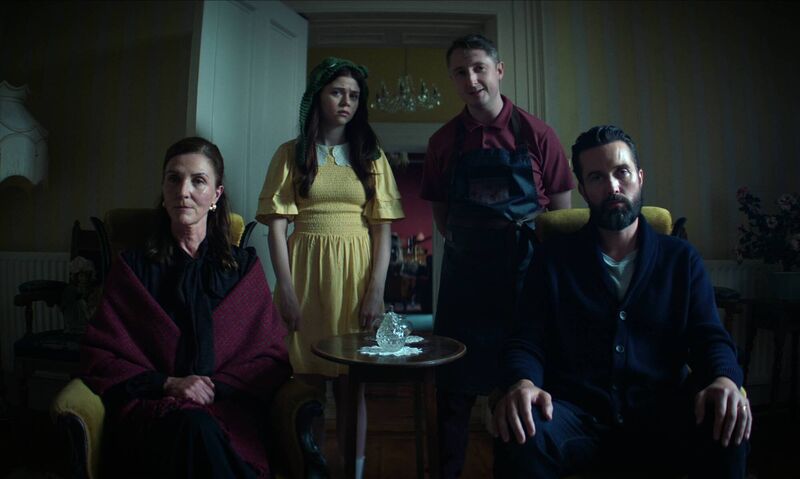"How To Get To Heaven From Belfast" Season 1. (L-R) Michelle Fairely as Margo, Matilda Freeman as Maria, Ryan McParland as Feargal &amp; Emmett J. Scanlan as Owen O'Neil. Picture: Netflix