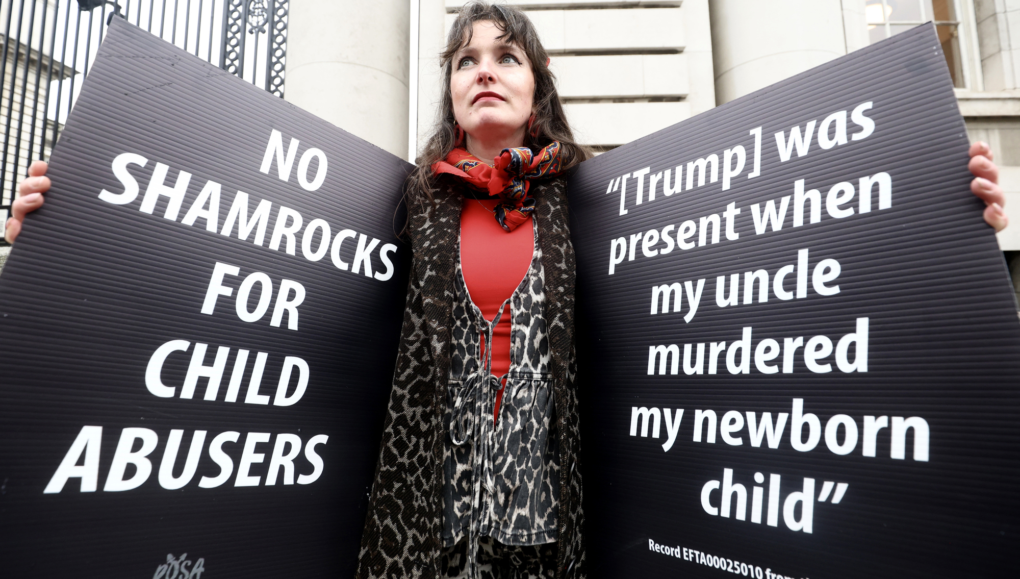 Laura Fitzgerald, spokesperson for the ROSA Socialist Feminist Movement, after activists handed in a letter on Tuesday at the Department of An Taoiseach detailing allegations against Trump in the Epstein files. Photo: Leah Farrell/© RollingNews.ie