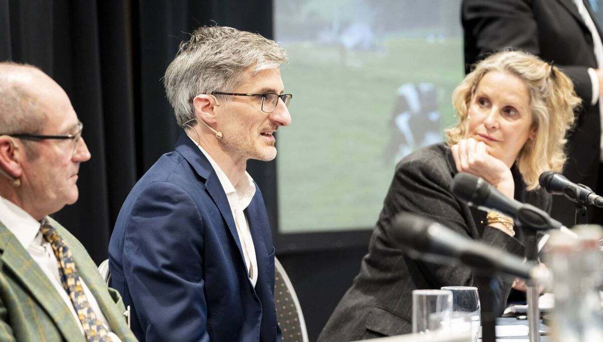 (Left to right) Nick Holt-Martyn of the UK-based 'The Dairy Group' and Ciaran Aylward of Ornua and facilitator Helen Carroll, participating in the Milk Price panel, at the 75th Annual ICMSA AGM Pic: Don Moloney