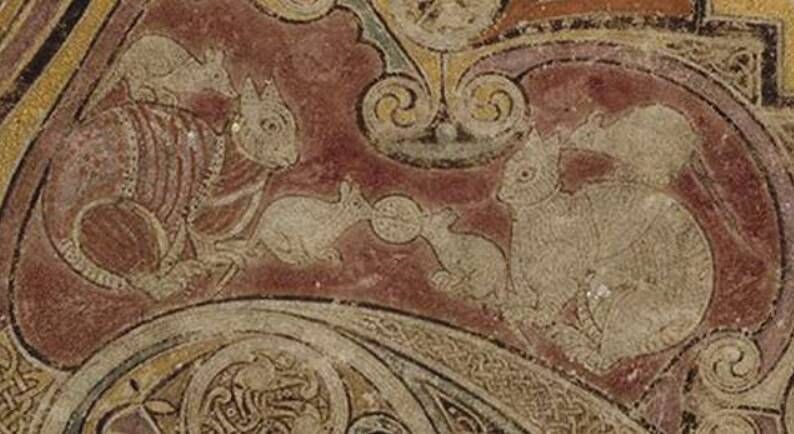 Detail from Chi-Rho page of Book of Kells depicting two cats grasping the tails of two rats