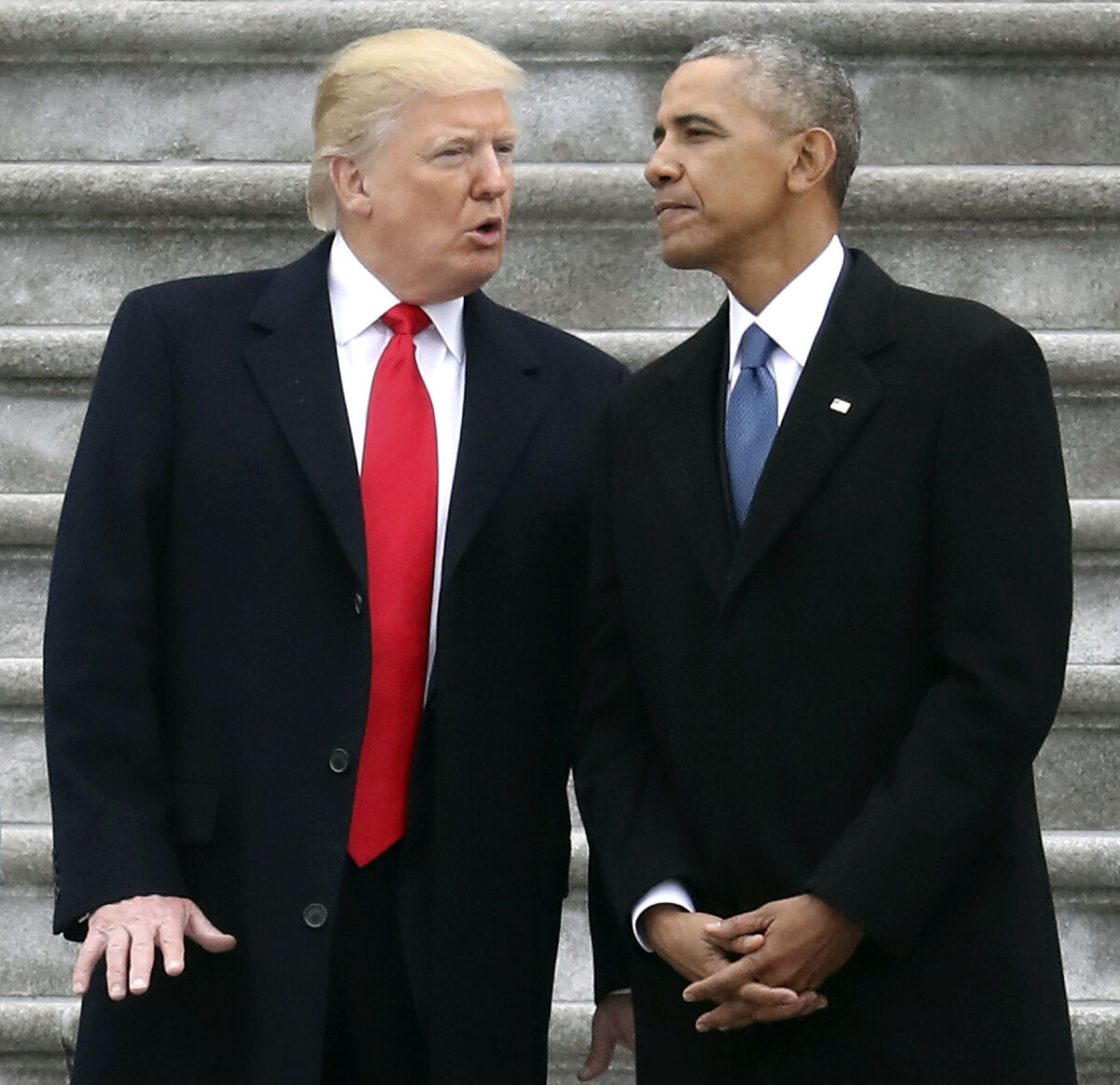 US president Donald Trump with former president Barack Obama on Capitol Hill in Washington, in January 2017. File picture: Rob Carr/AP