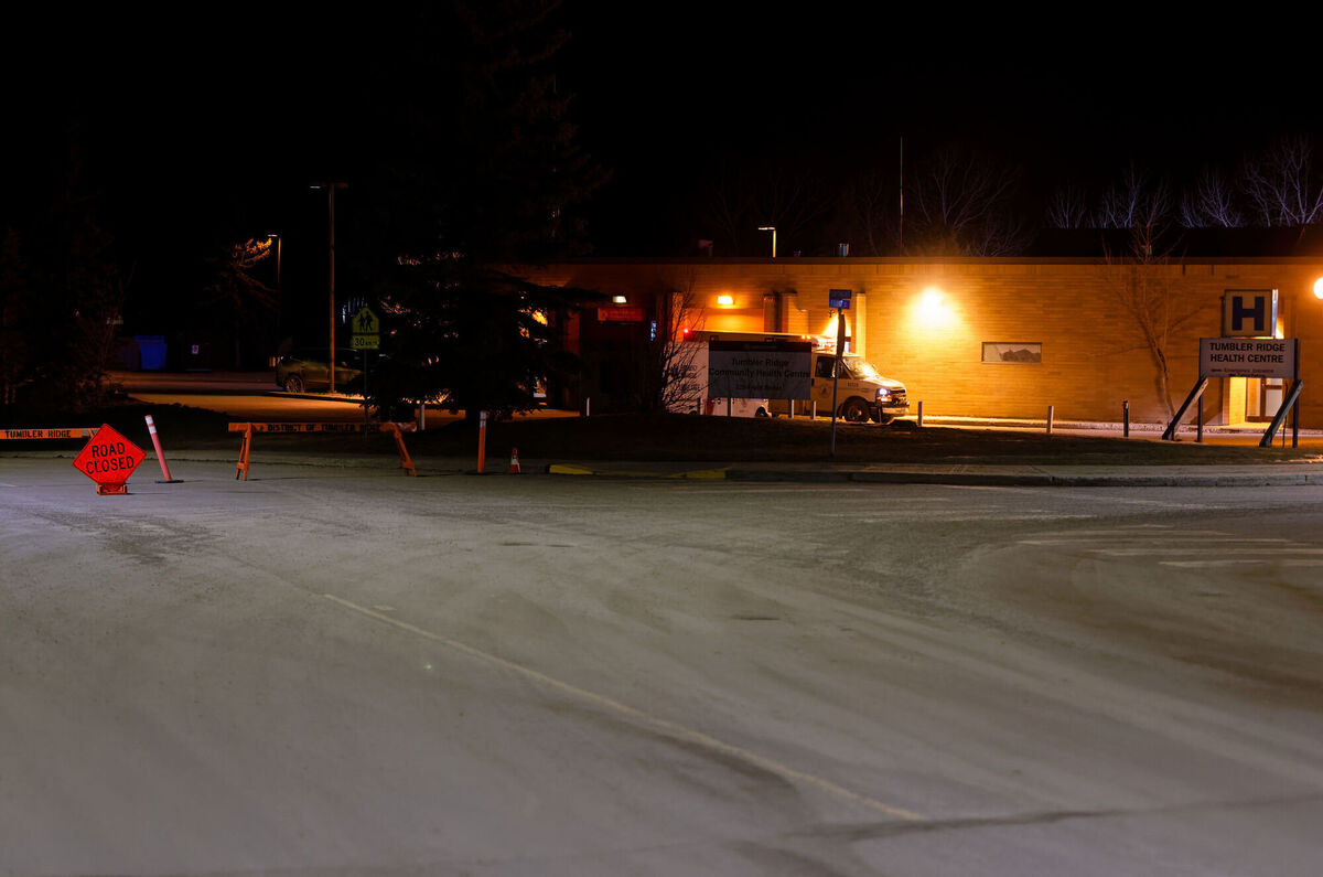 The road leading to the Tumbler Ridge Secondary School is blocked off, near the Tumbler Ridge Health Centre, in Tumbler Ridge, B.C., Canada, on Wednesday, Feb. 11, 2026. (Jesse Boily/The Canadian Press via AP)