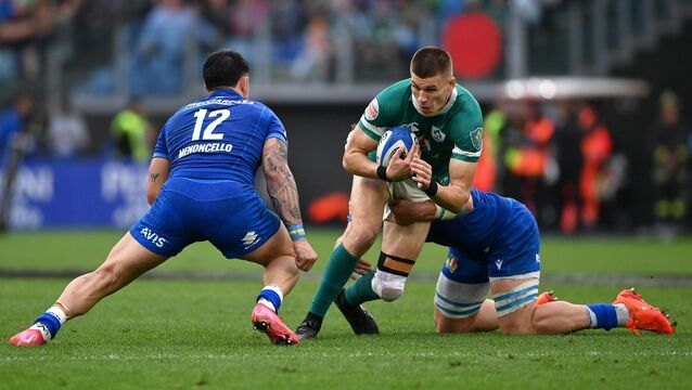 <p>TOUGH TASK: Ireland ten Sam Prendergast is brought to ground by Italy's Tommaso Menoncello (left), and Manuel Zuliani in last year's Six Nations. Pic: Ramsey Cardy/Sportsfile</p>