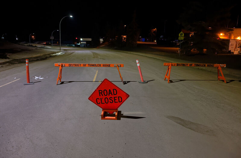 The road is blocked off before the Tumbler Ridge Secondary School, in Tumbler Ridge, BC. Picture: Jesse Boily/The Canadian Press via AP