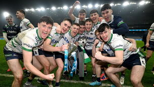 <p>UL players celebrate with the Sigerson Cup after a first ever title with victory over UCC. Pic: Stephen McCarthy/Sportsfile</p>