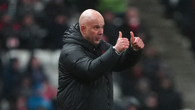 <p>Arne Slot reacts on the touchline. Pic: Owen Humphreys/PA</p>