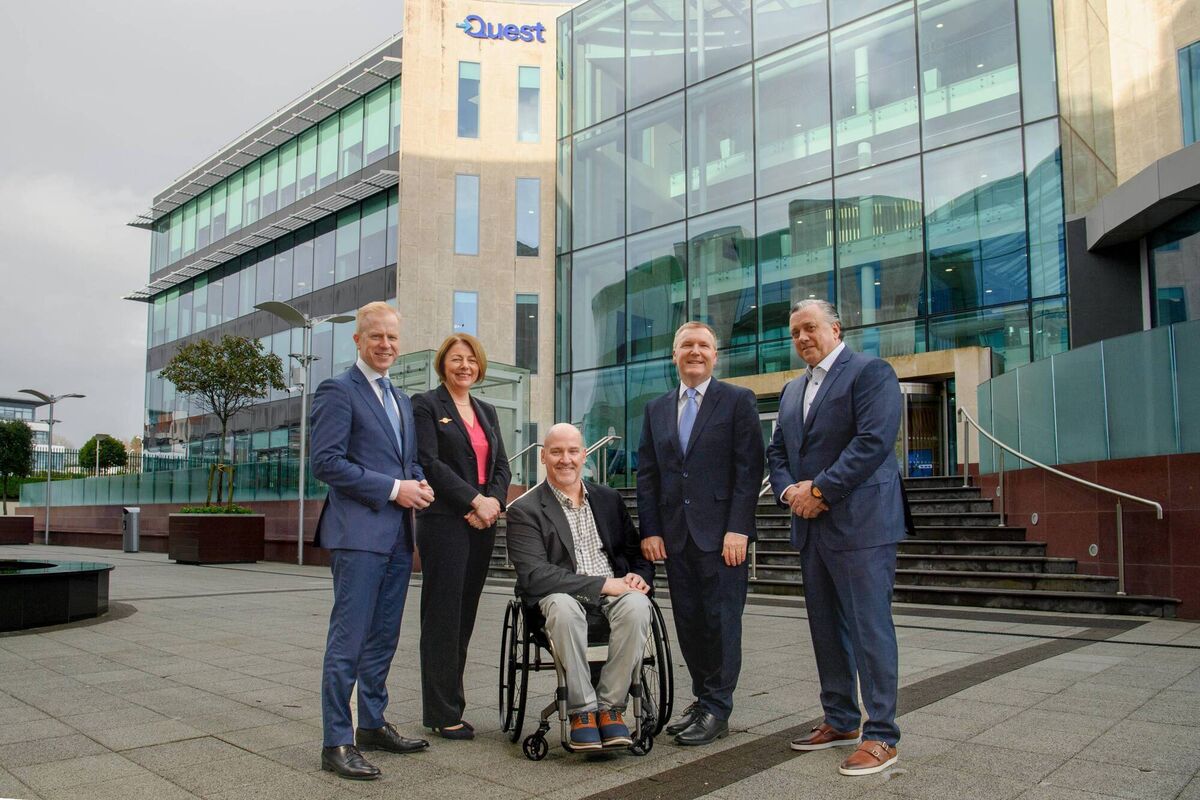 At the opening of Quest Software's new Centre for Advanced AI Architecture at its City Gate Campus in Cork: Dónal Travers, executive director, IDA; Marie Wycherley, senior director and site lead, Quest; Heath Thompson, chief strategy officer, Quest; Michael McGrath, EU Commissioner for Democracy, Justice, the Rule of Law and Consumer Protection, and Tim Page, CEO of Quest. Pic: Daragh Mc Sweeney/Provision