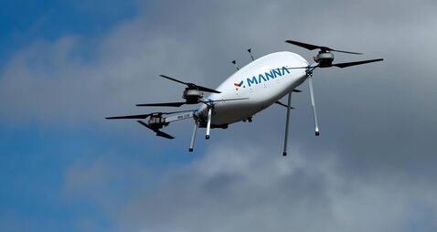 Manna Aero drone is seen as it delivers essential household and medical supplies in the Irish village of Moneygall