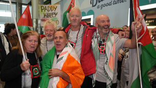 <p>Tadhg Hickey, on right, and some of the other Irish citizens at Dublin airport on their return home in October 2025 following their release from Israeli detention.  </p>