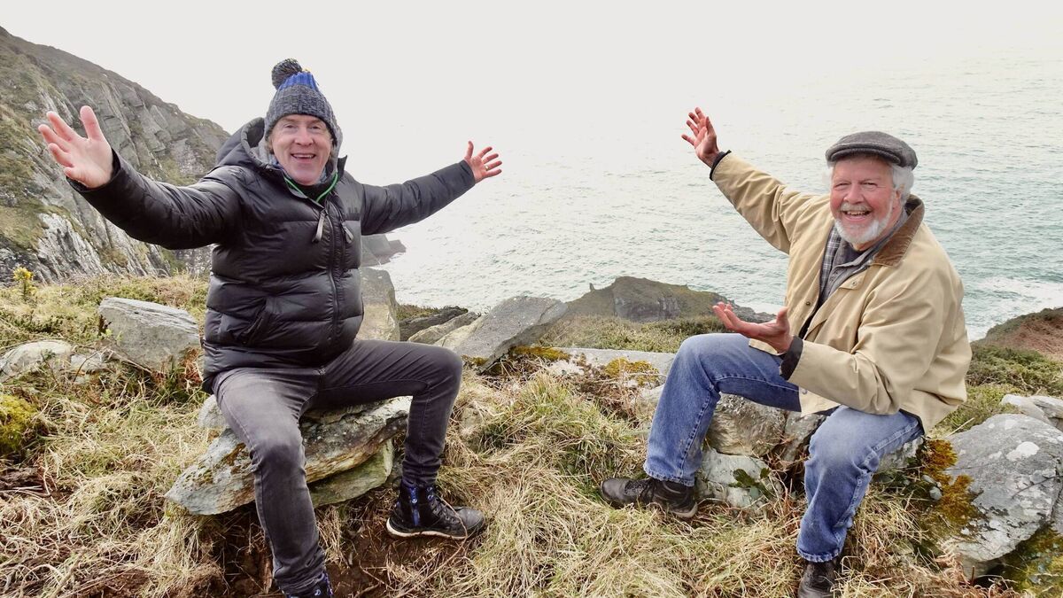 Broadcaster Hector Ó hEochagáin with Bob Miller, pictured during filming for a TG4 programme called Éire Nua, the stories of people relocating to Ireland. 