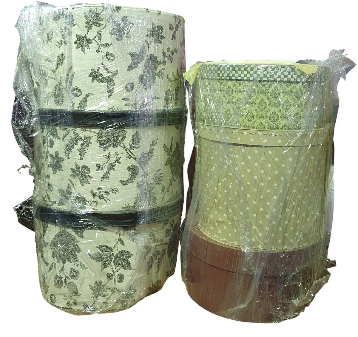 A group of haberdashery hat boxes.