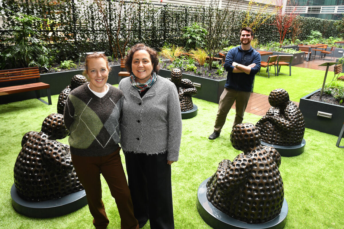Suzanne Dempsey, left, and Dolores Heery, with sculptor Sean Gallagher at the 'Our Covid Warriors' installment. Picture: Moya Nolan Suzanne Dempsey, left, and Dolores Heery, with sculptor Sean Gallagher at the 'Our Covid Warriors' installment. Picture: Moya Nolan