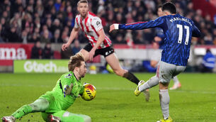 <p>MAKING HIMSELF BIG: Brentford goalkeeper Caoimhin Kelleher denies Arsenal's Gabriel Martinellia late winner in Thursday's Premier League clash at the Gtech Community Stadium. 	Picture: Adam Davy/PA </p>