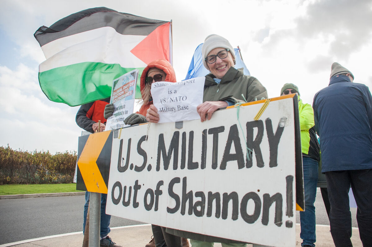 Protesters outside Shannon Airport as part of last year's Global Day of Action Against Military Bases. File picture: Karlis Dzjamko