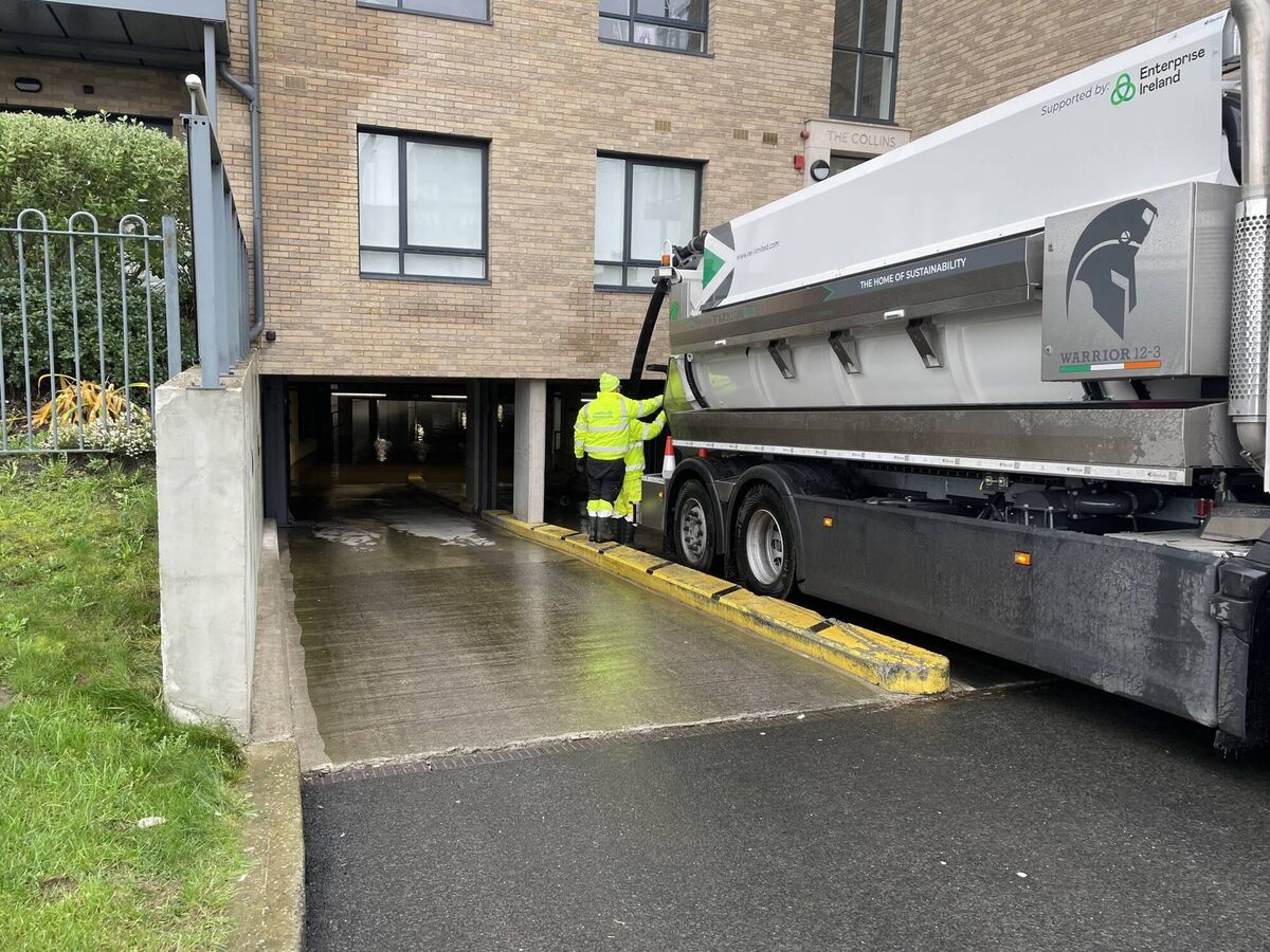 Flood water is drained from an underground car park in north Dublin after heavy rain overnight, with further weather warnings expected on Friday night. Picture: Grainne Ni Aodha/PA Wire Flood water is drained from an underground car park in north Dublin after heavy rain overnight, with further weather warnings expected on Friday night. Picture: Grainne Ni Aodha/PA Wire