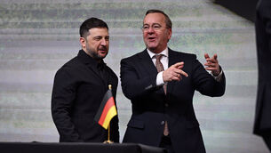 Volodymyr Zelenskyy, left, with German defence minister Boris Pistorius in Munich (Sven Hoppe/dpa via AP)