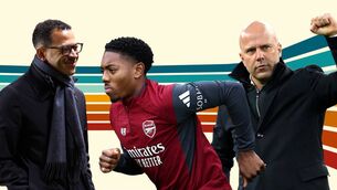 <p>LR- Liam Rosenior, Myles Lewis Skelly and Arne Slot</p>