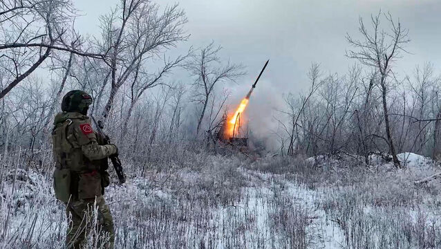 <p>Russian Multiple rocket launcher TOS-1A fires towards Ukrainian positions on an undisclosed location in Ukraine. Picture: Russian Defense Ministry Press Service via AP</p>