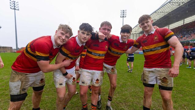 <p>CBC celebrate beating Crescent Comp in the Pinergy Munster Schools Boys Senior Cup Quarter-Final at Thomond Park. Pic: INPHO/Tom O’Hanlon</p>