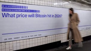 <p>A Polymarket advertisement asking what price Bitcoin will hit in 2026 in a subway station in New York. 	Picture: Michael Nagle/Bloomberg</p>
