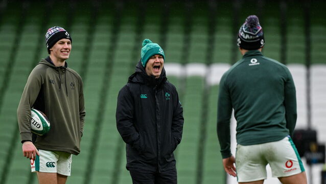 <p>LAST LAUGH: Sam Prendergast, left, and assistant coach Jonathan Sexton during an Ireland Rugby captain's run at the Aviva Stadium in Dublin. Pic: Brendan Moran/Sportsfile</p>