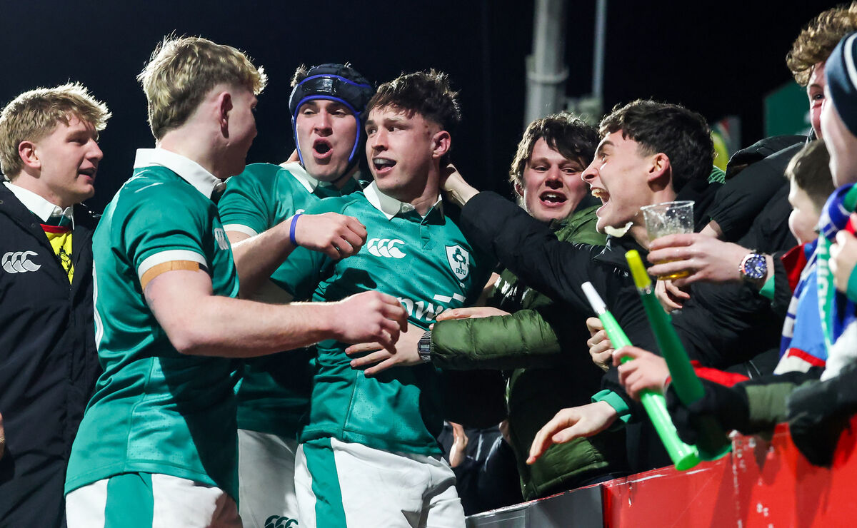 Ireland's Donnacha McGuire and Derry Moloney celebrate with fans after scoring a try. Pic: Nick Elliott/Inpho