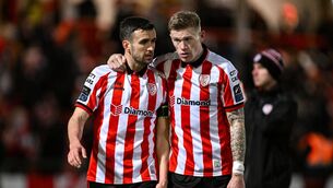 <p>Michael Duffy and James McClean of Derry City after their side's draw. Pic: Ramsey Cardy/Sportsfile.</p>