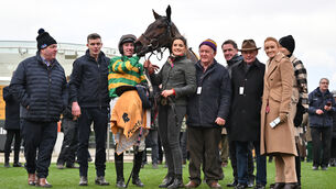 <p>TOWER-ING SUCCESS: Smiles all round after Spillane's Tower put himself firmly in the Cheltenham Cup Cup conversation by winning the Cotswold Chase last month. In doing so, he gave trainer Jimmy Mangan a first UK victory since the famous Grand National triumph of Monty's Pass in 2003.  	Picture: Healy Racing</p>