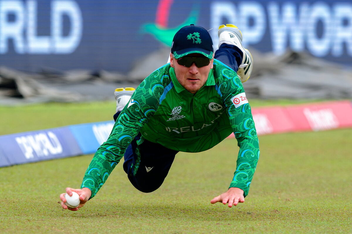 Tim Tector stops a boundary during the match. Pic: Viraj Kothalawala/Sportsfile