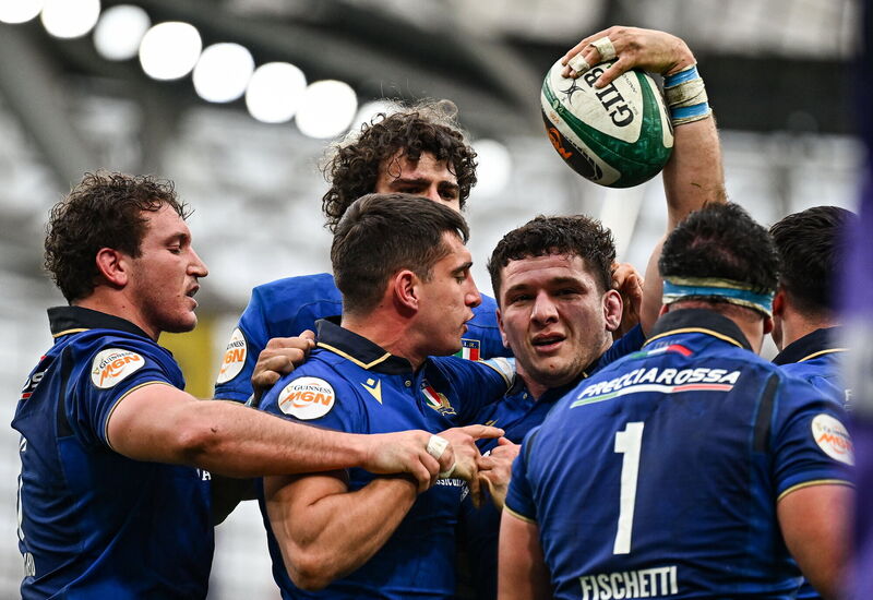 Giacomo Nicotera of Italy, second from right, celebrates after scoring their side's first try against Ireland at the Aviva Stadium. Pic: Seb Daly/Sportsfile Giacomo Nicotera of Italy, second from right, celebrates after scoring their side's first try against Ireland at the Aviva Stadium. Pic: Seb Daly/Sportsfile