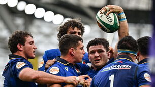 <p>Giacomo Nicotera of Italy, second from right, celebrates after scoring their side's first try against Ireland at the Aviva Stadium. Pic: Seb Daly/Sportsfile</p>