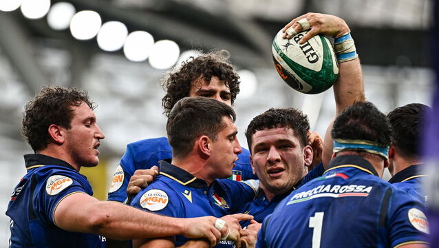 <p>Giacomo Nicotera of Italy, second from right, celebrates after scoring their side's first try against Ireland at the Aviva Stadium. Pic: Seb Daly/Sportsfile</p>