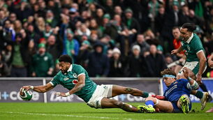 <p>WITHIN REACH: Robert Baloucoune of Ireland dives over to score his side's third try against Italy at the Aviva Stadium in Dublin. Pic: Seb Daly/Sportsfile</p> <p>WITHIN REACH: Robert Baloucoune of Ireland dives over to score his side's third try against Italy at the Aviva Stadium in Dublin. Pic: Seb Daly/Sportsfile</p>