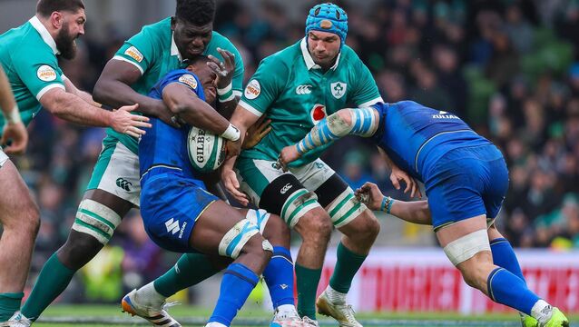 <p>DOUBLE TEAM: Italy's Paolo Odogwu is tackled by Ireland's Edwin Edogbo and Tadhg Beirne. Pic: INPHO/Ben Brady</p>