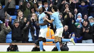 <p>Marc Guehi (left) celebrates City'a second late on at the Etihad. Pic: Nick Potts/PA</p>
